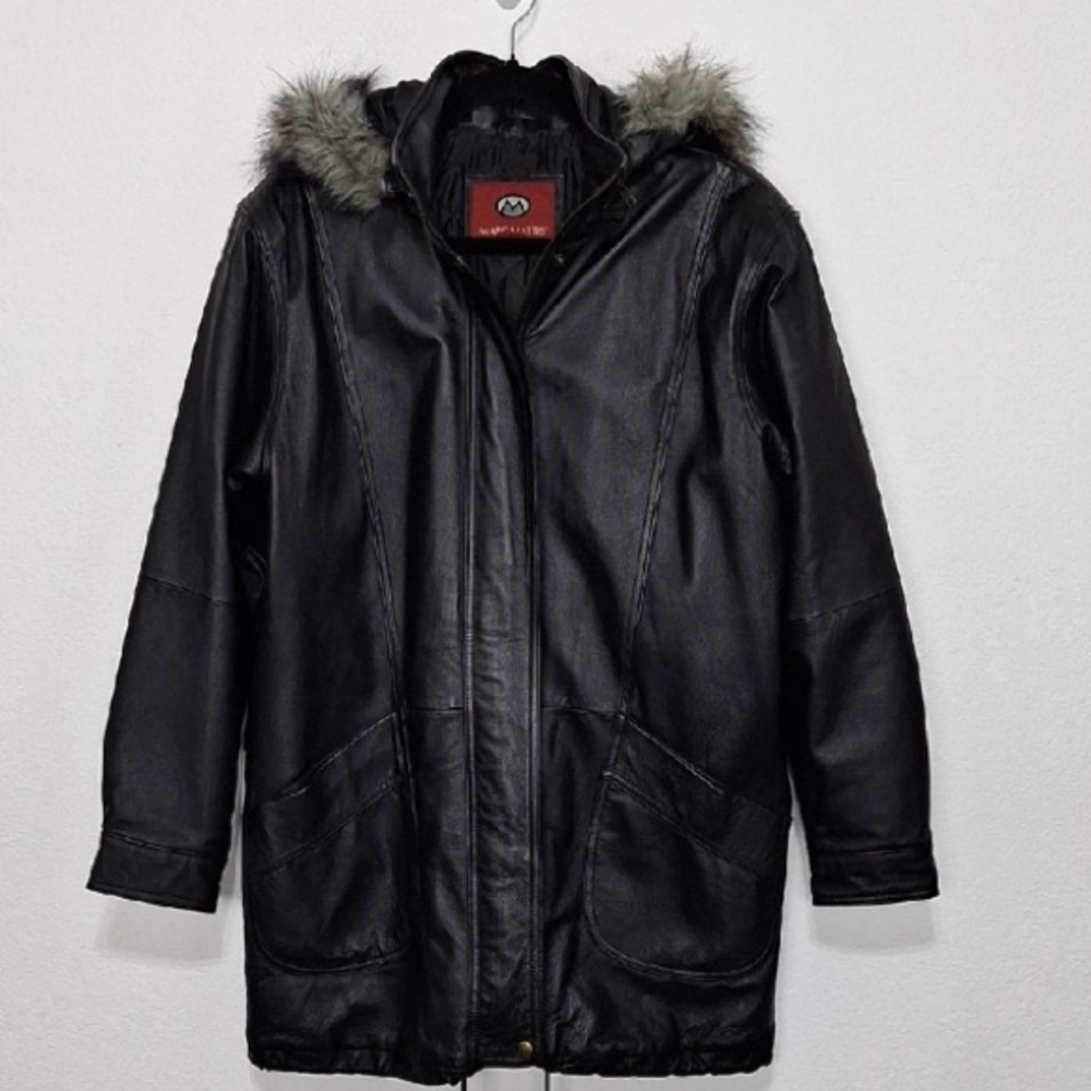 Marc Mattis Black Bikercore 100% Genuine Leather Fur Hooded Coat Jacket Size M